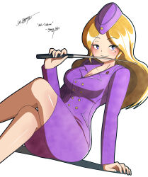 Rule 34 | 1girl, absurdres, advance wars, arm support, blonde hair, breasts, cleavage, collared dress, crossed legs, dress, grin, hat, highres, holding, holding pointer, large breasts, legs, lok polymorfa, long hair, looking at viewer, military, military hat, military uniform, mole, mole under eye, nell (advance wars), pencil skirt, pointer, purple dress, purple eyes, signature, sitting, skirt, smile, solo, uniform