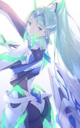 Rule 34 | 1girl, ass, breasts, earrings, fujie-yz, green eyes, green hair, hair ornament, headpiece, high ponytail, highres, jewelry, long hair, looking back, muted color, nintendo, pneuma (xenoblade), ponytail, simple background, smile, solo, spoilers, swept bangs, tiara, very long hair, white background, xenoblade chronicles (series), xenoblade chronicles 2