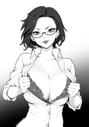 Rule 34 | 1girl, artist name, bra, brassica, breasts, buttons, cleavage, collarbone, collared shirt, commission, floral print, freckles, glasses, gradient background, greyscale, highres, large breasts, lips, mole, mole under eye, monochrome, original, partially unbuttoned, semi-rimless eyewear, shirt, short hair, solo, thick eyebrows, underwear, upper body