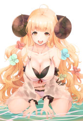 Rule 34 | 1girl, absurdres, ahoge, anila (granblue fantasy), anila (summer) (granblue fantasy), bare shoulders, bikini, black bikini, blonde hair, blush, breasts, cleavage, collarbone, commentary request, detached sleeves, draph, granblue fantasy, highres, horns, large breasts, layered bikini, long hair, long sleeves, looking at viewer, navel, open mouth, ryuu., sheep horns, short eyebrows, simple background, sitting, smile, solo, swimsuit, thighs, very long hair, wariza, water, white background, white bikini, wide sleeves, yellow eyes