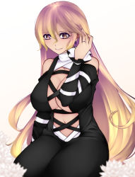 Rule 34 | 1girl, aoshima, bare shoulders, black dress, blonde hair, breasts, cleavage, cleavage cutout, clothing cutout, commentary request, dress, ear piercing, flower, flower request, hand in own hair, highres, hijiri byakuren, jewelry, large breasts, light smile, long hair, looking at viewer, mature female, multicolored hair, navel, parted lips, piercing, purple eyes, purple hair, ring, sitting, solo, stomach cutout, touhou, white background