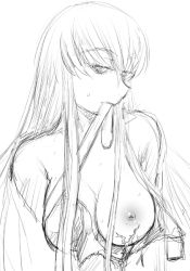 Rule 34 | 00s, 1girl, breasts, c.c., code geass, greyscale, large breasts, monochrome, mouth hold, nipples, scar, solo