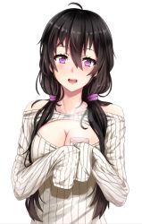Rule 34 | 1girl, :d, ahoge, bad id, bad pixiv id, bare shoulders, beifeng han, black hair, blush, breasts, cleavage, collarbone, female focus, hair between eyes, hair over shoulder, hair tie, large breasts, long hair, long sleeves, looking at viewer, low twintails, md5 mismatch, meme attire, miyaura sanshio, off shoulder, open-chest sweater, open mouth, original, purple eyes, resolution mismatch, ribbed sweater, simple background, sleeves past wrists, smile, solo, sweater, teeth, twintails, upper body, white background