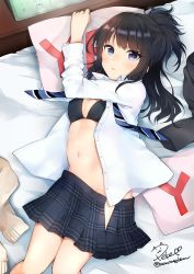 Rule 34 | 1girl, bed, black bra, black hair, black skirt, blue eyes, bra, breasts, brown cardigan, buttons, cardigan, unworn cardigan, collared shirt, commentary request, dress shirt, hand up, highres, idolmaster, idolmaster shiny colors, kazano hiori, long hair, long sleeves, looking at viewer, lying, medium breasts, miniskirt, navel, on back, on bed, open clothes, open shirt, parted lips, peke (xoxopeke), pillow, plaid, plaid skirt, pleated skirt, ponytail, shirt, sidelocks, signature, skirt, solo, stomach, twitter username, underwear, white shirt