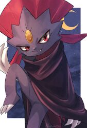 Rule 34 | border, claws, cloak, closed mouth, clothed pokemon, commentary request, creatures (company), crescent moon, eyelashes, fangs, fangs out, game freak, gen 4 pokemon, highres, katsukare, leg up, moon, nintendo, no humans, pokemon, pokemon (creature), red eyes, smile, solo, weavile, white border