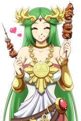 Rule 34 | 1girl, ancient greek clothes, bracelet, breasts, chiton, circlet, cleavage, closed eyes, closed mouth, eating, food, food on face, forehead, forehead jewel, green hair, heart, holding, holding food, jewelry, kid icarus, long hair, mazume, necklace, nintendo, palutena, simple background, skewer, solo, toga, white background