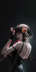 Rule 34 | black dress, black hair, bodysuit, dress, earrings, gold earrings, hair ornament, highres, jewelry, knife, nixeu, petals, red eyes, rose petals, spy x family, weapon, yor briar