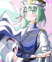 Rule 34 | 1girl, asymmetrical hair, black hat, cape, frilled hat, frills, green eyes, green hair, hat, highres, long sleeves, looking at viewer, multicolored background, shiki eiki, solo, spam (spamham4506), touhou