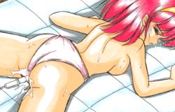 Rule 34 | 1girl, ayumi-chan monogatari, ayumi (ayumi-chan monogatari), breasts, hairband, lowres, lying, panties, pussy juice, red hair, retro artstyle, sex toy, short hair, spread legs, topless, underwear, vibrator