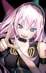 Rule 34 | 1girl, armband, bare shoulders, black shirt, blue eyes, breasts, commentary, detached sleeves, foreshortening, gold trim, headphones, highres, holding, holding microphone, index finger raised, long hair, luka luka night fever (vocaloid), medium breasts, megurine luka, microphone, open mouth, pink hair, pointing, pointing at viewer, samfree (&quot;night&quot; songs), shirt, shoulder tattoo, single detached sleeve, smile, solo, soyaka, spotlight, tattoo, upper body, vocaloid