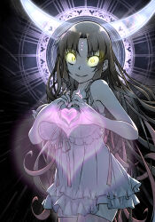 Rule 34 | 1girl, bare arms, black background, black hair, breasts, chest tattoo, cleavage, commentary request, dress, fate/extra, fate/extra ccc, fate/grand order, fate (series), forehead tattoo, frilled dress, frills, glowing, glowing eyes, glowing tattoo, grey dress, grin, halo, halo behind head, heart, heart hands, horns, huge breasts, long hair, multicolored hair, parted bangs, pink hair, pink ribbon, pink thighhighs, ribbon, see-through horns, sessyoin kiara, smile, solo, streaked hair, takuteks, tattoo, thighhighs, very long hair, yellow eyes