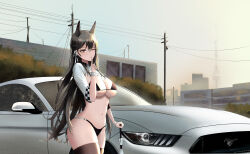 Rule 34 | 1girl, absurdres, animal ear fluff, animal ears, atago (azur lane), atago (stunning speedster) (azur lane), azur lane, bikini, black bikini, breasts, brown hair, brown thighhighs, building, car, checkered clothes, city, commentary, country connection, cowboy shot, cuff links, day, dog ears, elbow sleeve, extra ears, finger to mouth, flag, ford, ford mustang, ford mustang s550, hair between eyes, hair ribbon, highres, holding, holding umbrella, kcar66t, large breasts, linea alba, long hair, looking at viewer, micro bikini, mole, mole under eye, motor vehicle, muscle car, official alternate costume, orange eyes, outdoors, power lines, race queen, real world location, reflection, revision, ribbon, shrug (clothing), shushing, skindentation, sleeve cuffs, solo, sports car, standing, stomach, swimsuit, thick thighs, thighhighs, thighs, tokyo (city), tokyo tower, tree, two-tone bikini, umbrella, underboob, utility pole, very long hair, white ribbon, white umbrella, wrist cuffs