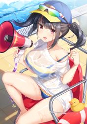 Rule 34 | 1girl, :d, absurdres, amakarashi, baseball cap, bikini, bikini under clothes, black hair, blush, breasts, chair, clothes pull, day, eyewear on headwear, hat, highres, holding, holding megaphone, large breasts, looking at viewer, megaphone, no pants, one-piece swimsuit pull, open mouth, original, outdoors, pool, red eyes, rubber duck, shiny skin, shirt, sitting, smile, solo, sports sunglasses, sunglasses, swimsuit, swimsuit under clothes, thighs, twintails, water, wet, wet clothes, wet shirt