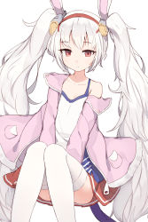 Rule 34 | 1girl, animal ears, azur lane, expressionless, hairband, highres, jacket, laffey (azur lane), long hair, looking at viewer, off shoulder, open clothes, open jacket, pink jacket, rabbit ears, red eyes, shone, simple background, solo, thighhighs, twintails, very long hair, white background, white hair, white thighhighs