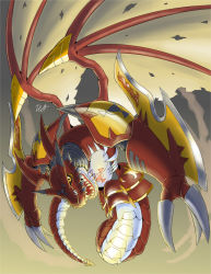 Rule 34 | absurdres, artist request, digimon, digimon (creature), dragon, dragon tail, dragon wings, full body, highres, looking at viewer, megidramon, no humans, open mouth, sharp teeth, tail, teeth, wings