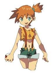 Rule 34 | 1girl, asymmetrical hair, bare arms, bare legs, bare shoulders, breasts, clothes, cowboy shot, creatures (company), denim, denim shorts, eye contact, game freak, green eyes, green shorts, gym leader, hair tie, highres, legs, looking at another, looking at viewer, misty (pokemon), navel, ninja maru, nintendo, orange hair, poke ball, pokemon, pokemon (anime), pokemon (classic anime), ponytail, red hair, shirt, short hair, short shorts, shorts, side ponytail, simple background, smile, solo, standing, suspenders, thighs, white background