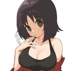 Rule 34 | 1girl, :o, alina (girls und panzer), black shirt, breasts, brown eyes, brown hair, cleavage, clothes pull, finger to mouth, girls und panzer, head tilt, highres, large breasts, looking at viewer, medium hair, one-hour drawing challenge, parted lips, red shirt, shirt, shirt pull, simple background, solo, tank top, translated, upper body, white background, yabai gorilla