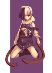 Rule 34 | 1girl, bare shoulders, blunt bangs, collar, dress, full body, fur collar, hitokata no ou, kneeling, letterboxed, looking at viewer, mizuha, pillarboxed, purple background, purple dress, shaded face, short hair, silver hair, simple background, snake, solo, spread legs, tasaka shinnosuke