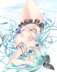 Rule 34 | 10s, 1girl, bikini, blue eyes, blush, bow, breasts, cleavage, collarbone, commentary request, from behind, green hair, hair between eyes, hair bow, kantai collection, kurun (kurun777), large breasts, long hair, looking at viewer, navel, open mouth, solo, swimsuit, thigh gap, yamakaze (kancolle)