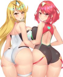 Rule 34 | 2girls, ahoge, ass, ass grab, bare shoulders, blonde hair, blush, breast press, breasts, cameltoe, closed mouth, competition swimsuit, from behind, highres, kuavera, large breasts, long hair, looking at viewer, looking back, matching hair/eyes, multiple girls, mythra (radiant beach) (xenoblade), mythra (xenoblade), naughty face, nervous, nintendo, one-piece swimsuit, open mouth, orange eyes, pervert, pyra (pro swimmer) (xenoblade), pyra (xenoblade), red eyes, red hair, shiny clothes, shiny skin, short hair, shy, sideboob, smile, sweat, swimsuit, thigh strap, tiara, very long hair, xenoblade chronicles (series), xenoblade chronicles 2, yellow eyes