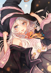 Rule 34 | 1girl, bare shoulders, blue eyes, brooch, collared shirt, crying, crying with eyes open, elaina (majo no tabitabi), falling, hat, highres, holding, holding clothes, holding hat, jewelry, long hair, long sleeves, majo no tabitabi, neck ribbon, open clothes, open robe, orange ribbon, pistachiocream, ribbon, robe, shirt, skirt, sleeveless, sleeveless shirt, solo, tears, white hair, white shirt, wide sleeves, witch hat