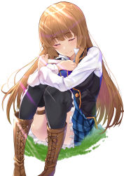 Rule 34 | 1girl, anne (shingeki no bahamut), black thighhighs, blouse, blunt bangs, blush, book, hugging book, boots, brown hair, closed eyes, closed mouth, collared shirt, grass, highres, holding, holding book, hugging object, manaria friends, princess connect!, shimon (31426784), shingeki no bahamut, shirt, sitting, skirt, smile, solo, sunlight, thighhighs, white background, white shirt