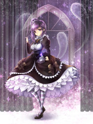 Rule 34 | 1girl, bad id, bad pixiv id, black dress, blackberry cookie, bow, brooch, candle, cookie run, curtain grab, curtains, dress, frills, full body, jewelry, jian (sezuru), juliet sleeves, lolita fashion, long hair, long sleeves, looking at viewer, mary janes, pantyhose, petticoat, puffy sleeves, purple eyes, purple hair, shoes, solo, striped clothes, striped legwear, striped pantyhose, window