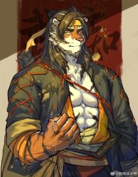 Rule 34 | abs, absurdres, animal ears, arknights, bara, bare pectorals, chinese commentary, chinese text, clenched hand, cokiey, furry, furry male, headband, highres, huai tianpei (arknights), looking at viewer, pectorals, tiger ears, tiger stripes, weibo logo, weibo watermark, yellow eyes, yellow headband