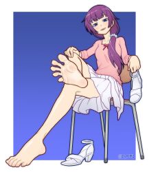 Rule 34 | 1girl, absurdres, artist name, bare legs, barefoot, blue background, blue eyes, blunt bangs, blush, border, bow, breasts, chair, collarbone, commission, commissioner upload, crossed legs, dress, feet, foot focus, foot up, full body, gradient background, hair ornament, hair scrunchie, hand on own knee, head tilt, highres, holding, legs, long hair, long sleeves, looking at viewer, medium breasts, miniskirt, monogatari (series), nisemonogatari, non-web source, official alternate costume, official alternate hairstyle, open mouth, pink shirt, pleated dress, pleated skirt, purple hair, red bow, sandals, school chair, scrunchie, second-party source, senjougahara hitagi, shiny skin, shirt, sidelocks, sitting, skirt, soles, solo, spread toes, strappy heels, toenails, toes, tsukimaru (ls 99ml), twitter username, unworn sandals, white border, white footwear, white skirt
