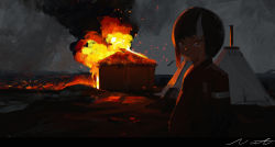 Rule 34 | 1girl, absurdres, black hair, building, burning, burning building, closed mouth, commentary, crying, crying with eyes open, dark, expressionless, fire, highres, looking at viewer, multicolored hair, night, original, outdoors, rocher-hd, short hair, signature, smoke, solo, sparks, streaked hair, symbol-only commentary, tears, tent, white hair