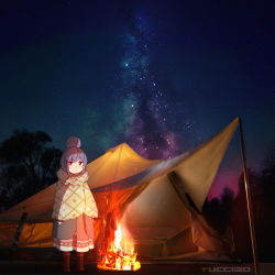Rule 34 | 1girl, blue eyes, campfire, camping, closed mouth, eyebrows, fire, hair ornament, highres, long hair, long skirt, looking at viewer, milky way, night, night sky, purple eyes, shima rin, skirt, sky, solo, standing, star (sky), star (symbol), tent, tucciao, yurucamp