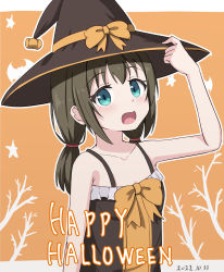 Rule 34 | 1girl, :d, animal, arm up, bare arms, bare shoulders, bat (animal), black dress, black hair, black hat, blue eyes, blush, bow, branch, breasts, commentary, dated, dress, english commentary, fang, frilled dress, frills, hair between eyes, halloween, hand on headwear, happy halloween, hat, hat bow, highres, long hair, looking at viewer, low ponytail, open mouth, orange background, orange bow, original, ponytail, sleeveless, sleeveless dress, small breasts, smile, solo, star (symbol), takasuma hiro, upper body, witch hat