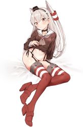 Rule 34 | 1girl, amatsukaze (kancolle), black panties, blush, breasts, brown dress, brown eyes, clothes lift, commentary request, dress, dress lift, full body, garter straps, groin, hair tubes, hat, kantai collection, legs, lifted by self, long hair, long sleeves, looking at viewer, mini hat, navel, panties, red thighhighs, remora180, rudder footwear, sailor dress, short dress, side-tie panties, silver hair, simple background, sitting, small breasts, smokestack hair ornament, solo, striped, thighhighs, thighs, two side up, underwear, white background