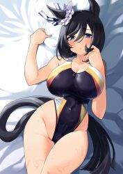 Rule 34 | 1girl, animal ears, black hair, black one-piece swimsuit, blue eyes, blush, breasts, collarbone, competition swimsuit, covered navel, eishin flash (umamusume), hair between eyes, highleg, highleg swimsuit, highres, horse ears, horse girl, horse tail, huge breasts, komb, lying, multicolored clothes, multicolored swimsuit, on back, one-piece swimsuit, red one-piece swimsuit, short hair, solo, swimsuit, tail, umamusume, white one-piece swimsuit, yellow one-piece swimsuit