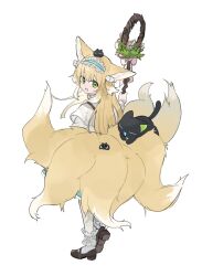 Rule 34 | 1girl, absurdres, animal ears, animal on tail, aqua hairband, arknights, black cat, blonde hair, bobby socks, brown footwear, cat, colored tips, commentary, fox ears, fox girl, fox tail, frilled hairband, frills, from behind, green eyes, hairband, heixiu, highres, holding, holding staff, kitsune, kyuubi, long hair, luo xiaohei, luo xiaohei zhanji, mary janes, multicolored hair, multiple tails, official alternate costume, open mouth, shoes, simple background, socks, staff, standing, suzuran (arknights), suzuran (spring praise) (arknights), tail, two-tone hair, white background, white hair, white socks, yakota (usuk-yako)