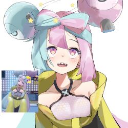 Rule 34 | 1girl, absurdres, aqua hair, blush, breasts, character hair ornament, collarbone, commentary request, creatures (company), dizzy, eyelashes, game freak, hair ornament, highres, iono (pokemon), jacket, long hair, medium breasts, nintendo, open mouth, pink hair, pokemon, pokemon sv, purple eyes, reference inset, rolling eyes, shirt, sleeveless, sleeveless shirt, small breasts, solo, spice mega, teeth, tongue, upper body, upper teeth only, white background, yellow jacket