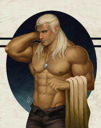 Rule 34 | 1boy, abs, arm behind head, bara, beard, chest hair, denim, facial hair, geralt of rivia, jeans, jewelry, large pectorals, long hair, looking at viewer, male focus, mature male, muscular, muscular male, navel, necklace, nipples, old, old man, open pants, pants, pectorals, topless male, solo, stomach, the witcher (series), white hair, xelgot