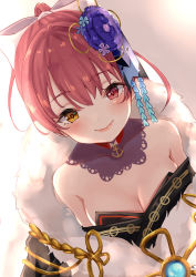 Rule 34 | 1girl, alternate hairstyle, anchor choker, bare shoulders, blush, breasts, cleavage, closed mouth, hair between eyes, hair ornament, heterochromia, highres, hololive, houshou marine, houshou marine (new year), lips, official alternate costume, pink hair, red eyes, rikotan, smile, solo, virtual youtuber, yellow eyes