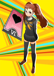 Rule 34 | alternate hairstyle, atlus, bad id, bad pixiv id, bespectacled, blush, brown hair, card, cosplay, crossover, floating card, glasses, hair up, idolmaster, idolmaster (classic), kugimiya rie, kujikawa rise, kujikawa rise (cosplay), legs, long hair, minase iori, ookami maito, persona, persona 4, school uniform, smile, tarot, the lovers (tarot), thighhighs, twintails, voice actor connection, zettai ryouiki