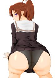 Rule 34 | 1girl, all fours, ass, black panties, black shirt, black skirt, blouse, brown hair, cameltoe, commentary request, crotch seam, from behind, garam masala (7355873), hibike! euphonium, highres, light smile, long hair, long sleeves, looking at viewer, looking back, miniskirt, nakagawa natsuki, panties, parted bangs, parted lips, pleated skirt, ponytail, purple eyes, school uniform, serafuku, shirt, simple background, skirt, solo, underwear, white background
