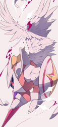 absurdres armor baku character_name commentary_request diamond_(shape) facing_away feathered_wings feathers from_side full_body galacta_knight gloves highres holding holding_shield holding_weapon horns kirby_(series) liquid mask motion_blur nintendo pauldrons pink_eyes shield shoulder_armor solo weapon weapon_request white_footwear white_gloves white_wings wings yellow_horns