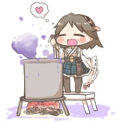 Rule 34 | 10s, 1girl, bad food, blush stickers, brown hair, chibi, cooking, detached sleeves, closed eyes, heart, hiei (kancolle), inishie, kantai collection, ladle, nontraditional miko, open mouth, pantyhose, plaid, pot, short hair, sleeves past wrists, smoke, solo, stirring, wide sleeves