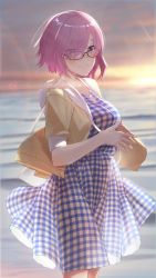 Rule 34 | 1girl, bag, beach, breasts, brown jacket, collarbone, dress, fate/grand order, fate (series), glasses, grin, hair over one eye, handbag, hayashi kewi, hood, hoodie, jacket, large breasts, light rays, looking at viewer, mash kyrielight, mash kyrielight (senpai killer outfit), official alternate costume, open clothes, open jacket, outdoors, pink hair, plaid, plaid dress, purple eyes, short hair, smile, solo, sunset
