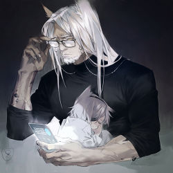 Rule 34 | 1boy, adjusting eyewear, animal ears, arknights, beard, black shirt, character request, child, eyelashes, eyewear strap, facial hair, facing to the side, glasses, grey background, grey hair, grey nails, hair over one eye, hand up, head on chest, hellagur (arknights), holding, holding phone, leaning on person, long hair, material growth, nail polish, neon (arknights), non porn, one eye covered, oripathy lesion (arknights), phone, reading, satsiy, scales, shirt, sleeping, straight hair, tight clothes, tight shirt, toned, toned male, upper body, veins, white hair, white shirt