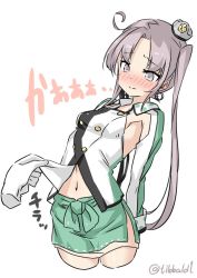 Rule 34 | 10s, 1girl, ahoge, armpits, blush, breasts, clothes lift, disembodied hand, ebifurya, embarrassed, grey eyes, grey hair, hair ornament, hair ribbon, kantai collection, leaning back, long hair, looking down, midriff, military, military uniform, ribbon, shirt lift, side ponytail, sidelocks, simple background, small breasts, solo, twitter username, uniform, white background
