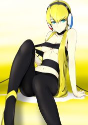 Rule 34 | 10s, 1girl, aqua eyes, arm support, bad id, bad pixiv id, bandeau, blonde hair, blue eyes, breasts, choker, cleavage, clothes pull, creatures (company), elesa (pokemon), erise, game freak, gym leader, halterneck, headphones, highres, looking at viewer, midriff, navel, nintendo, pantyhose, pokemon, pokemon bw, shirt pull, short hair, sitting, solo, strapless, tube top, undressing