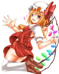 Rule 34 | 1girl, ascot, ass, blonde hair, blush, flandre scarlet, hat, highres, looking at viewer, open mouth, red eyes, roro (sghona10), short hair, side ponytail, skirt, skirt set, solo, touhou, wings