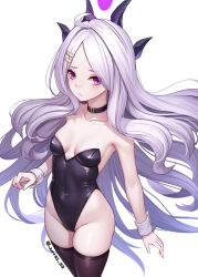 Rule 34 | 1girl, ahoge, alternate costume, animal ears, bare shoulders, black leotard, blue archive, blush, breasts, choker, closed mouth, collarbone, covered navel, cowboy shot, demon girl, demon horns, fake animal ears, forehead, hair ornament, hairclip, halo, highleg, highleg leotard, hina (blue archive), horns, jurrig, leotard, long hair, looking at viewer, parted bangs, playboy bunny, purple eyes, rabbit ears, simple background, small breasts, solo, strapless, strapless leotard, thighhighs, very long hair, white background, white hair, wrist cuffs