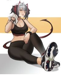 Rule 34 | 1girl, absurdres, ahoge, arknights, bare shoulders, black pants, black sports bra, breasts, cleavage, demon horns, distr, fang, full body, grey hair, highres, holding, holding towel, horns, large breasts, long hair, midriff, navel, open mouth, orange eyes, pants, shoe soles, shoes, short hair, sitting, skin fang, sneakers, solo, sports bra, tail, towel, w (arknights), white towel