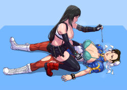 Rule 34 | 2girls, absurdres, aqua bra, black skirt, blue background, blue dress, blue theme, boots, bra, bracelet, breasts, breath, brown eyes, brown hair, brown legwear, bun cover, capcom, china dress, chinese clothes, chun-li, cirenk, cleavage, crop top, cross-laced footwear, crossover, double bun, dress, earrings, elbow pads, final fantasy, final fantasy vii, fingerless gloves, full body, gloves, hair bun, hair pulled back, highres, hypnosis, jewelry, lips, long hair, low-tied long hair, lying, lying on person, mind control, multiple girls, open mouth, pantyhose, pelvic curtain, pencil skirt, pendulum, puffy short sleeves, puffy sleeves, sash, short sleeves, side slit, skirt, spiked bracelet, spikes, spread legs, square enix, street fighter, street fighter ii (series), suspender skirt, suspenders, suspenders gap, tank top, taut clothes, tifa lockhart, torn clothes, torn legwear, underwear, white footwear, white tank top, yuri